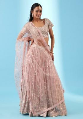 Pink Embroidered Blended Lehenga Set With Dupatta