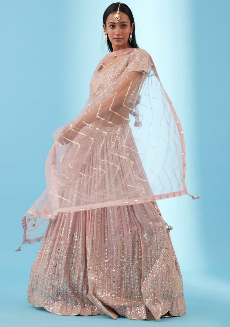 Pink Embroidered Blended Lehenga Set With Dupatta - Indya