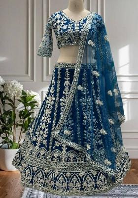 Blue Embroidered Blended Lehenga Set With Dupatta