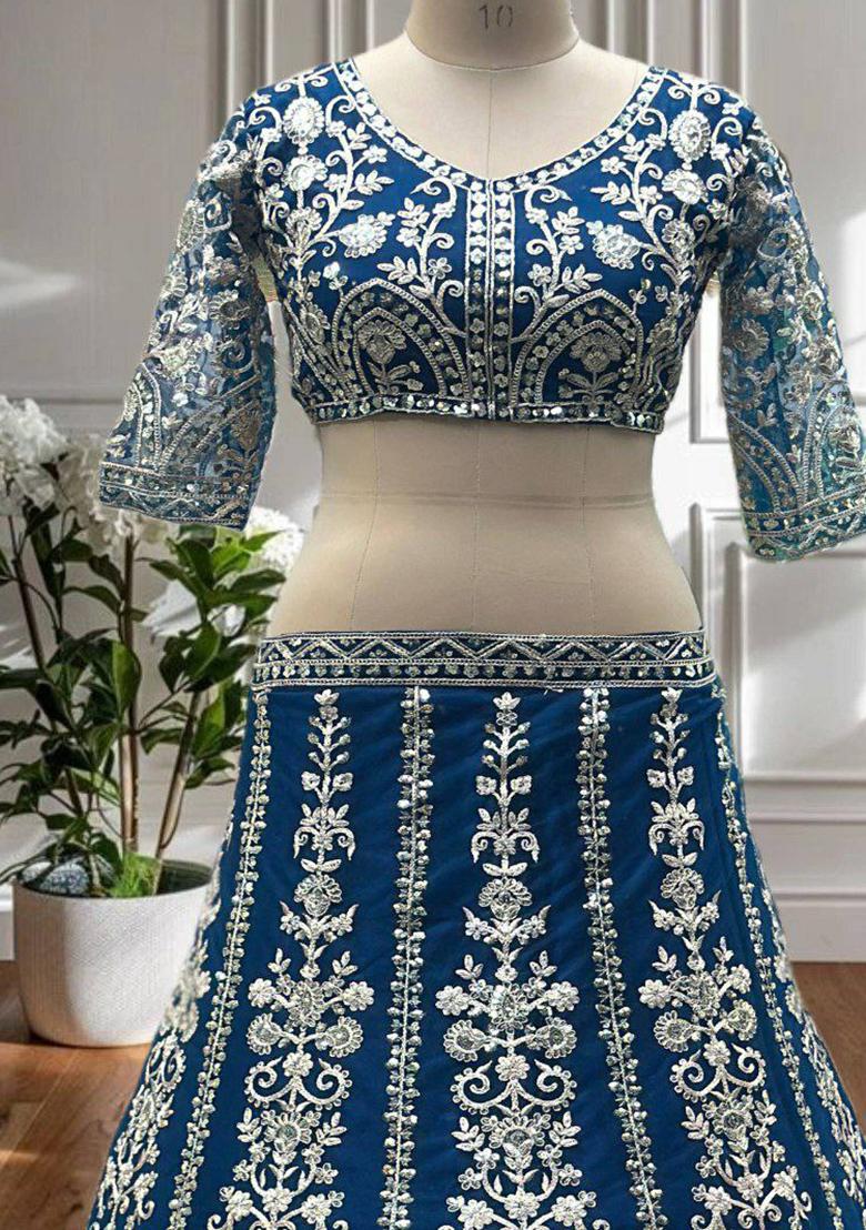 Blue Embroidered Blended Lehenga Set With Dupatta - Indya