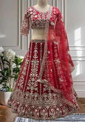 Red Embroidered Blended Lehenga Set With Dupatta