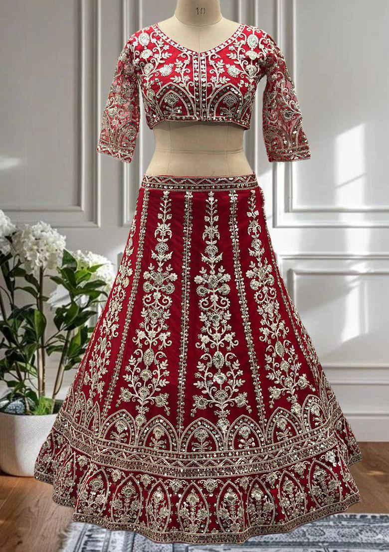 Red Embroidered Blended Lehenga Set With Dupatta - Indya