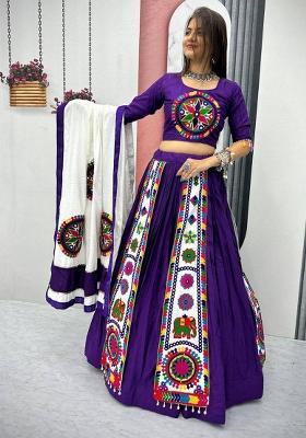 Purple Embroidered Blended Lehenga Set With Dupatta
