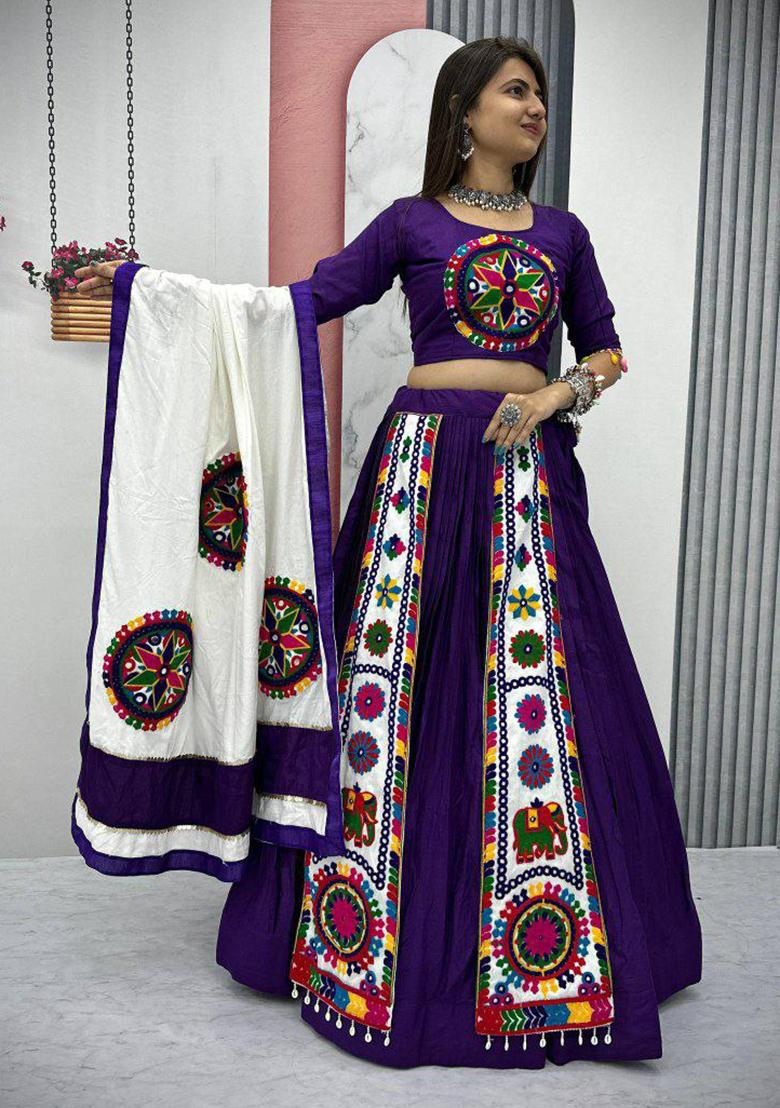 Purple Embroidered Blended Lehenga Set With Dupatta - Indya