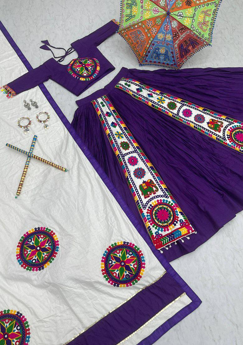 Purple Embroidered Blended Lehenga Set With Dupatta - Indya