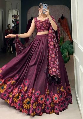 Burgundy Printed Blended Lehenga Set With Dupatta