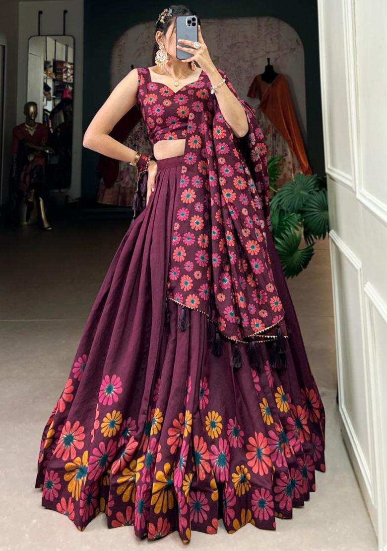Burgundy Printed Blended Lehenga Set With Dupatta - Indya