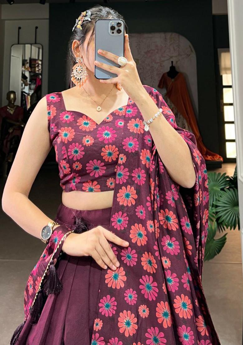 Burgundy Printed Blended Lehenga Set With Dupatta - Indya