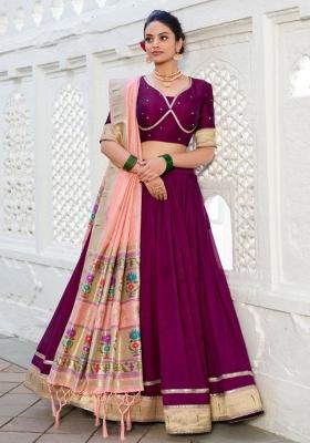Purple Embroidered Blended Lehenga Set With Dupatta
