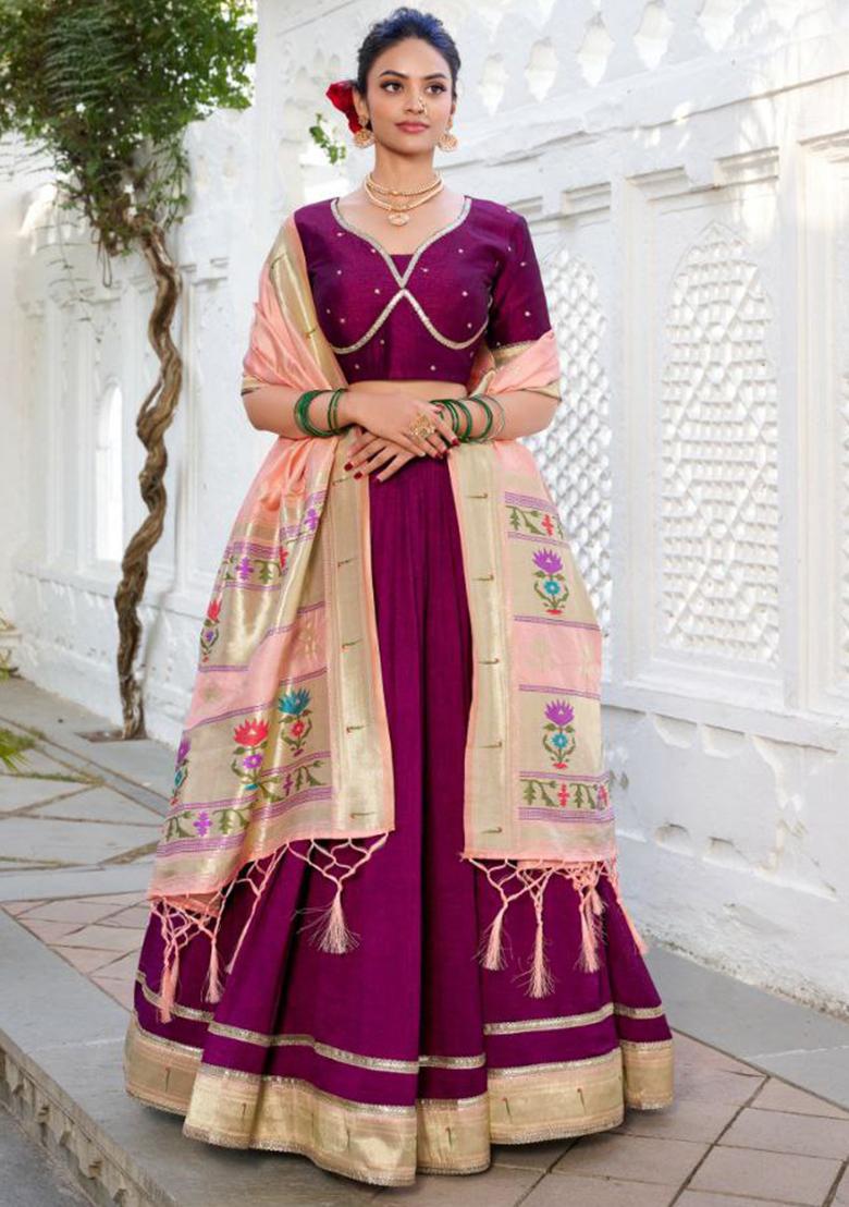 Purple Embroidered Blended Lehenga Set With Dupatta - Indya