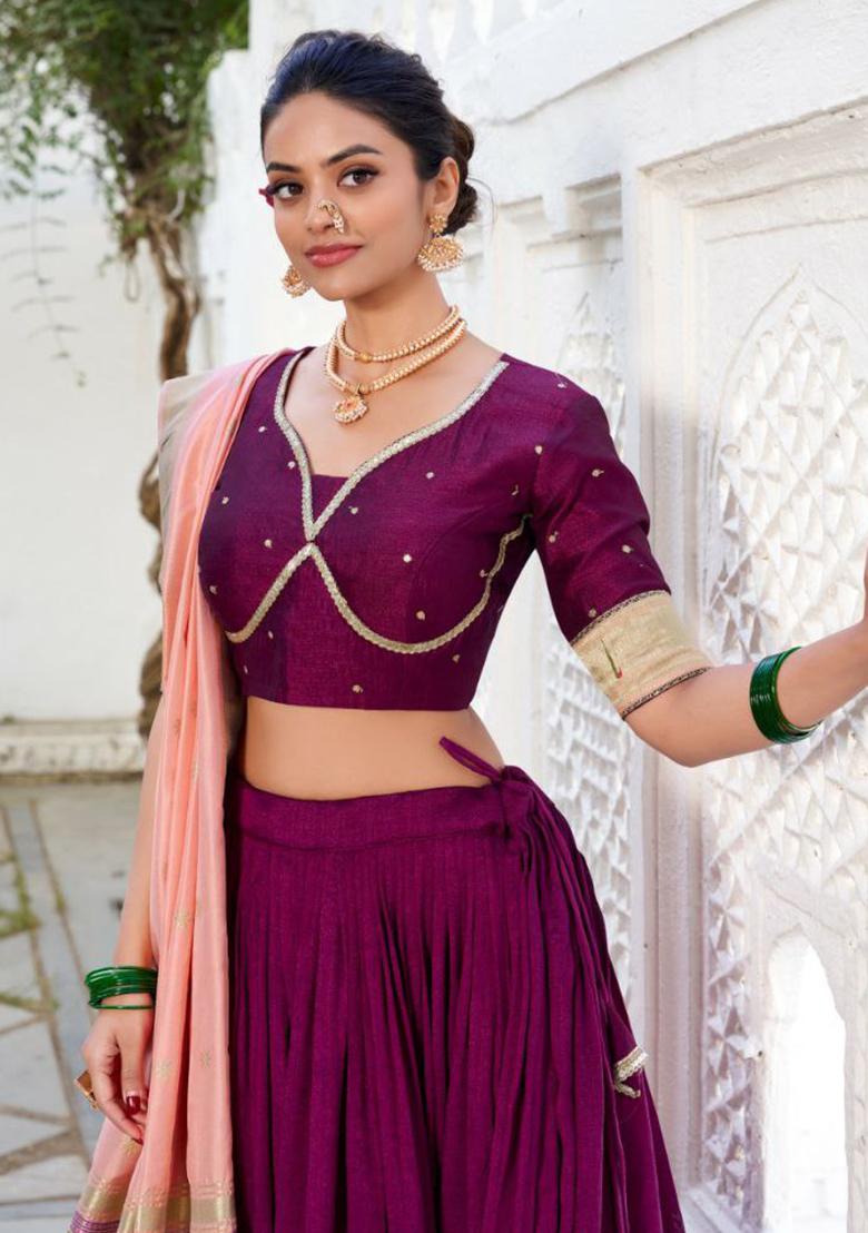 Purple Embroidered Blended Lehenga Set With Dupatta - Indya