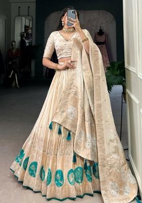 Cream Embroidered Blended Lehenga Set With Dupatta