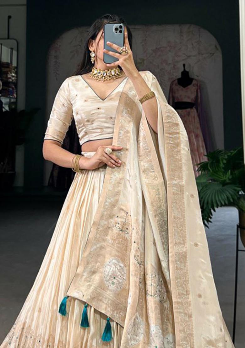 Cream Embroidered Blended Lehenga Set With Dupatta - Indya