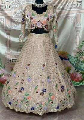 Cream Embroidered Blended Lehenga Set With Dupatta