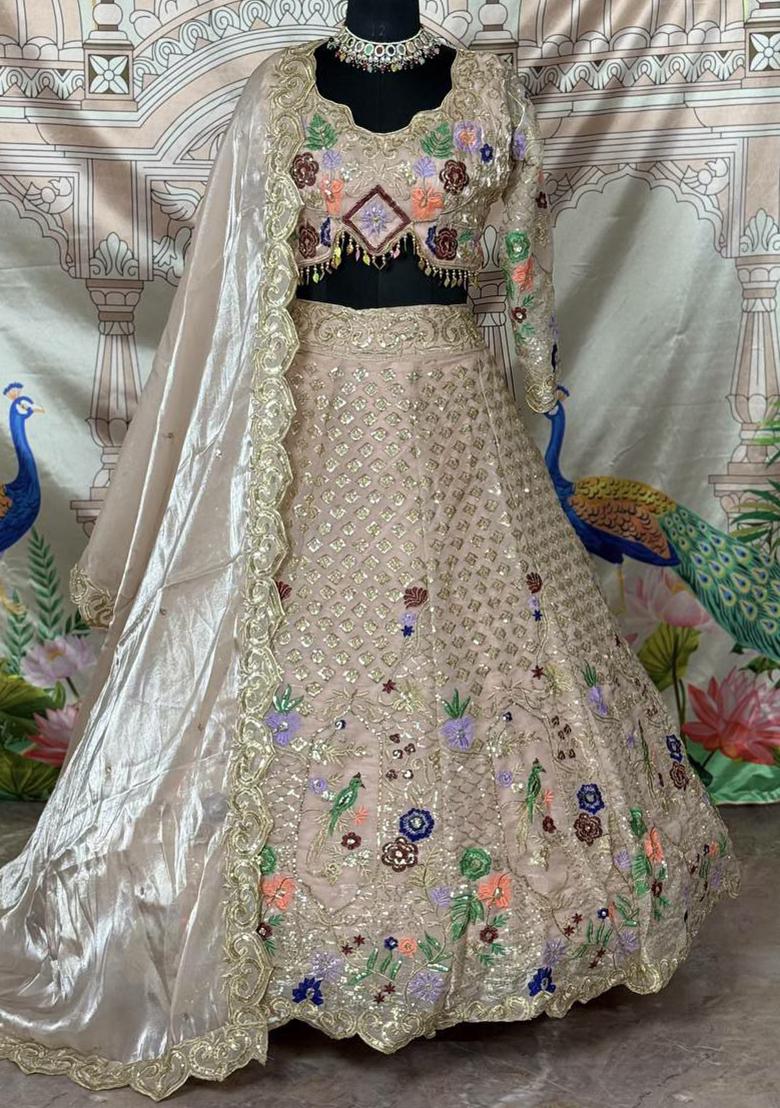 Cream Embroidered Blended Lehenga Set With Dupatta - Indya