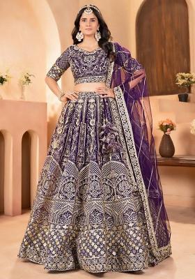 Purple Embroidered Blended Lehenga Set With Dupatta
