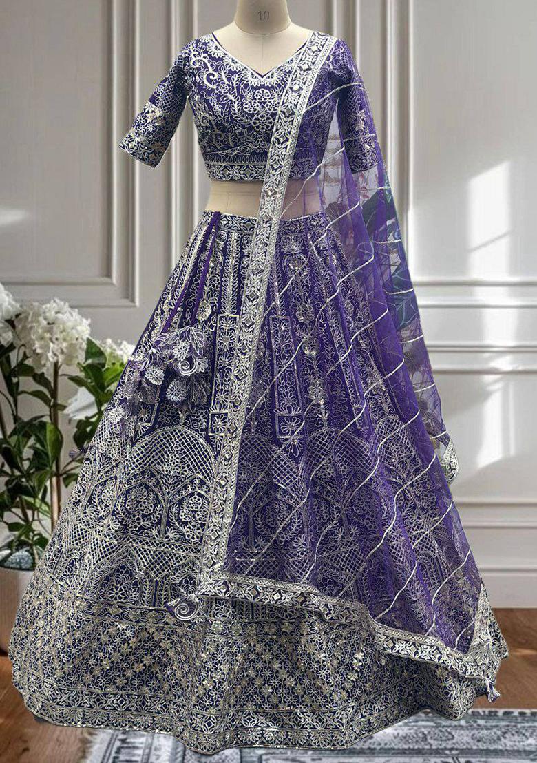 Purple Embroidered Blended Lehenga Set With Dupatta - Indya