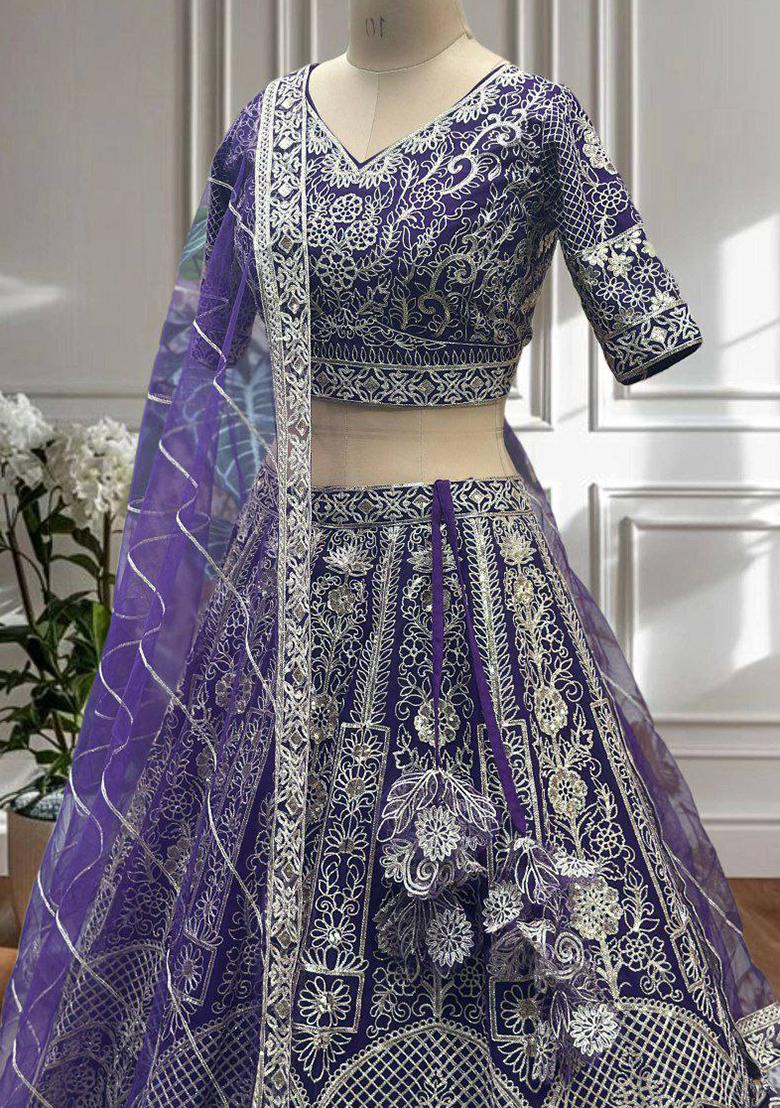 Purple Embroidered Blended Lehenga Set With Dupatta - Indya