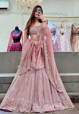 Pink Embroidered Blended Lehenga Set With Dupatta