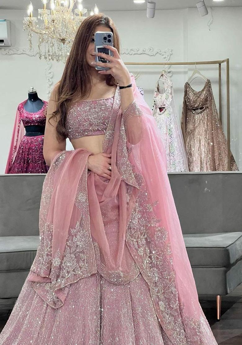 Pink Embroidered Blended Lehenga Set With Dupatta - Indya