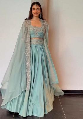 Blue Embroidered Blended Lehenga Set With Dupatta