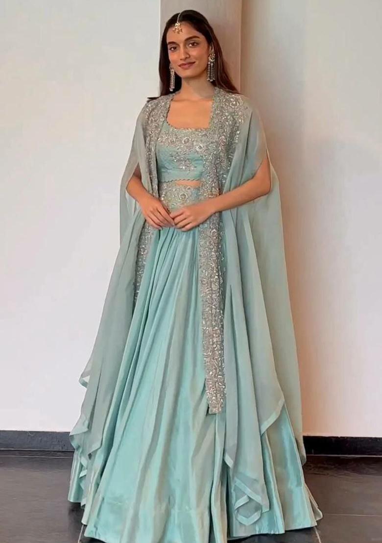 Blue Embroidered Blended Lehenga Set With Dupatta - Indya