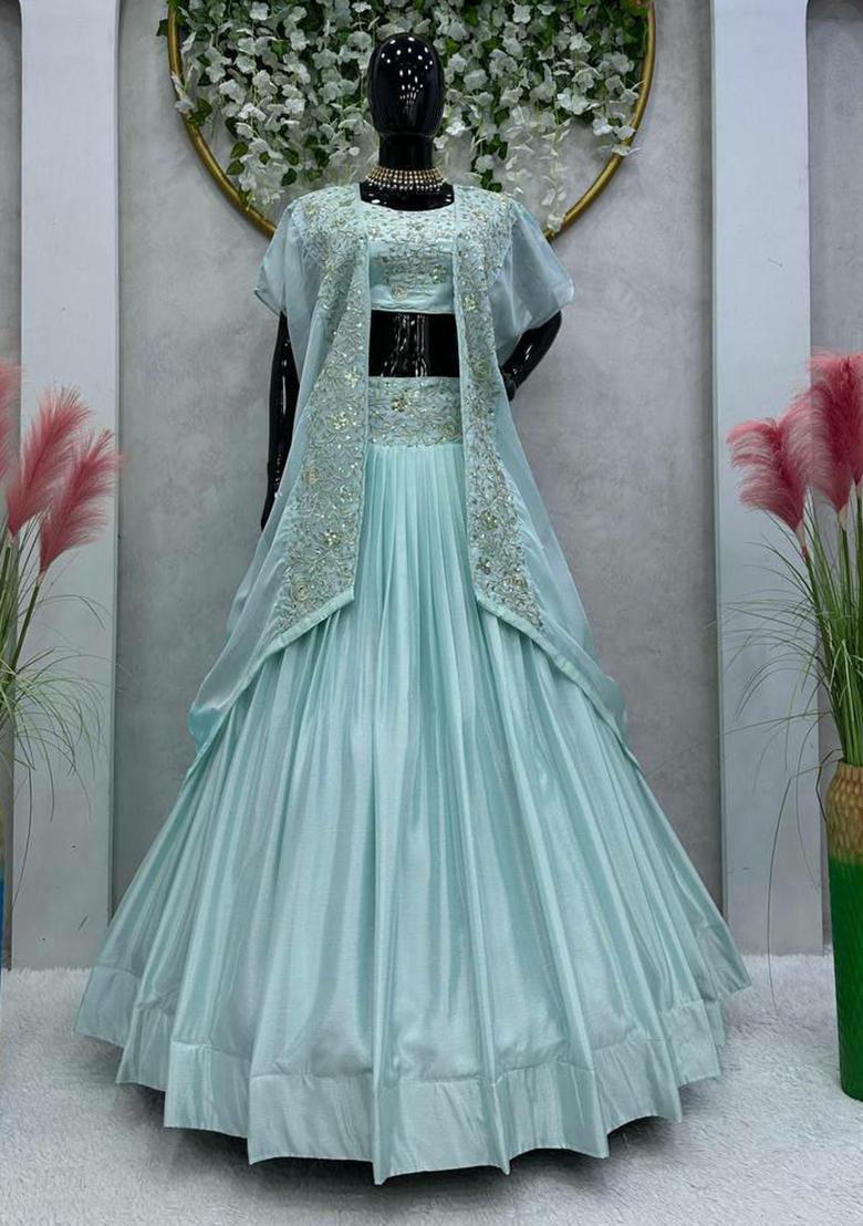 Blue Embroidered Blended Lehenga Set With Dupatta - Indya