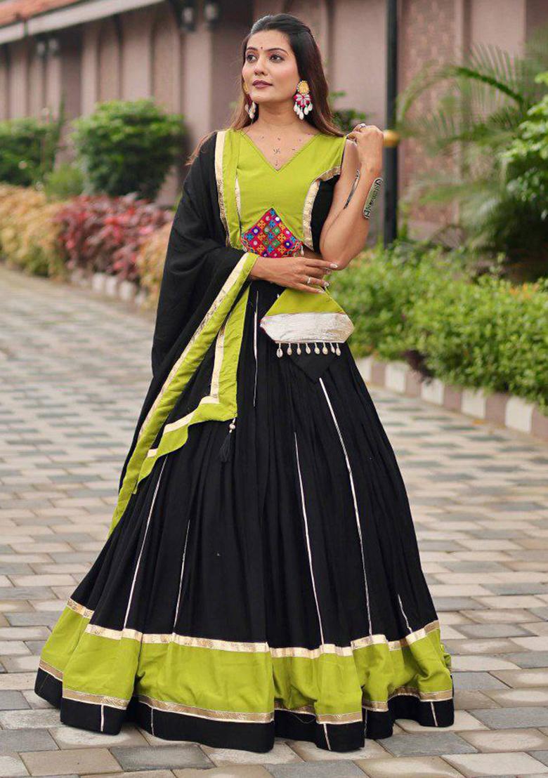 Black Embroidered Blended Lehenga Set With Dupatta - Indya