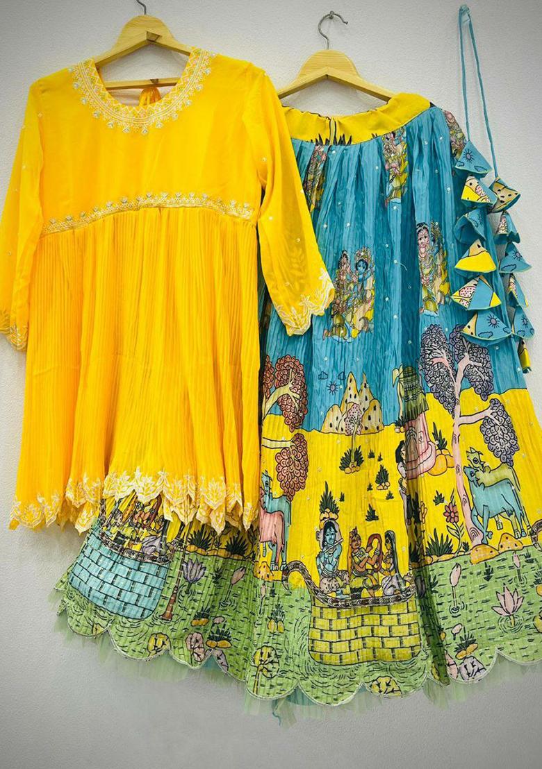 Yellow Printed Blended Lehenga Set With Dupatta - Indya
