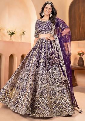 Burgundy Embroidered Blended Lehenga Set With Dupatta