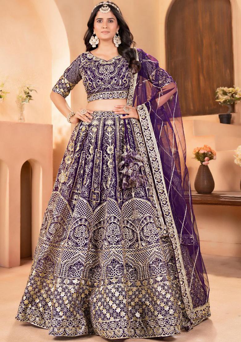 Burgundy Embroidered Blended Lehenga Set With Dupatta - Indya