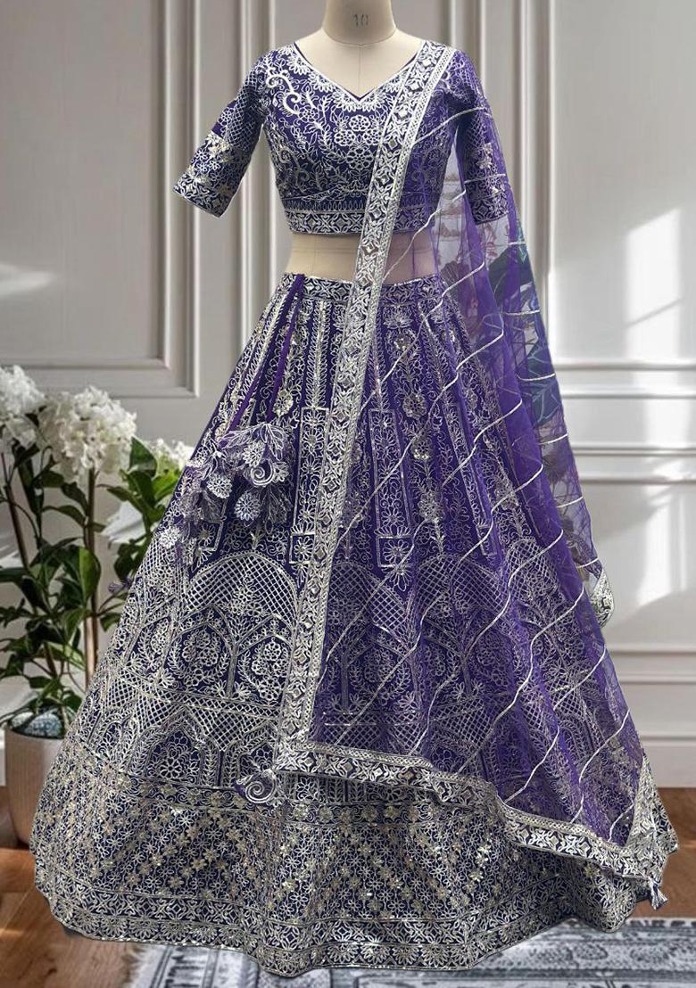 Burgundy Embroidered Blended Lehenga Set With Dupatta - Indya