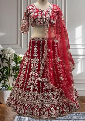 Red Embroidered Blended Lehenga Set With Dupatta