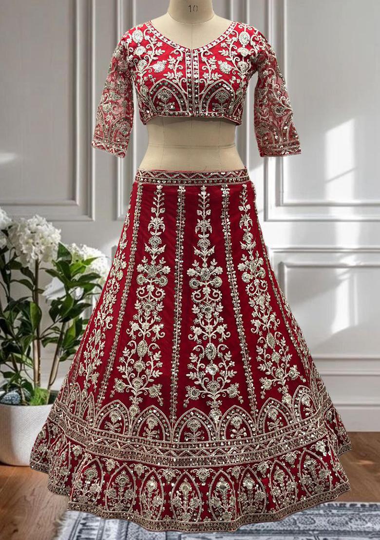 Red Embroidered Blended Lehenga Set With Dupatta - Indya