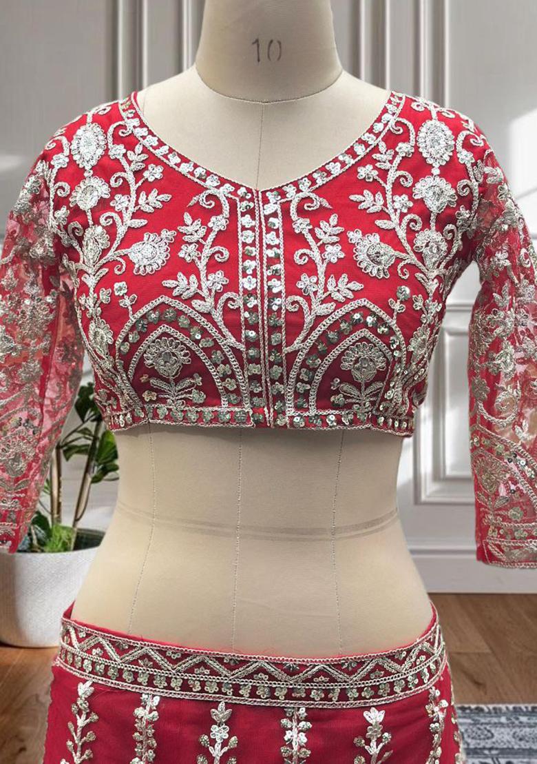 Red Embroidered Blended Lehenga Set With Dupatta - Indya