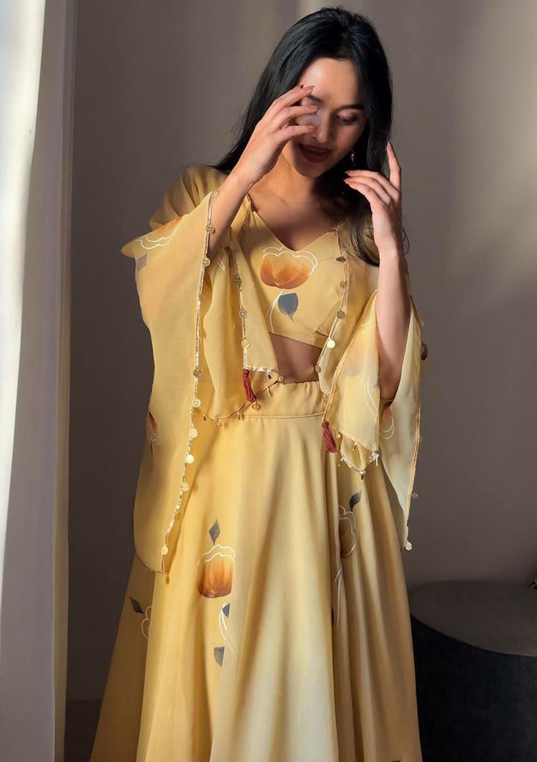 Yellow Printed Blended Lehenga Set With Dupatta - Indya