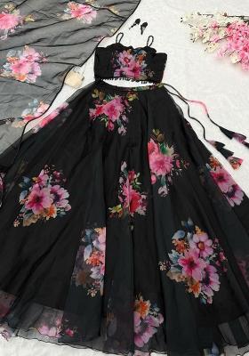 Black Printed Blended Lehenga Set With Dupatta