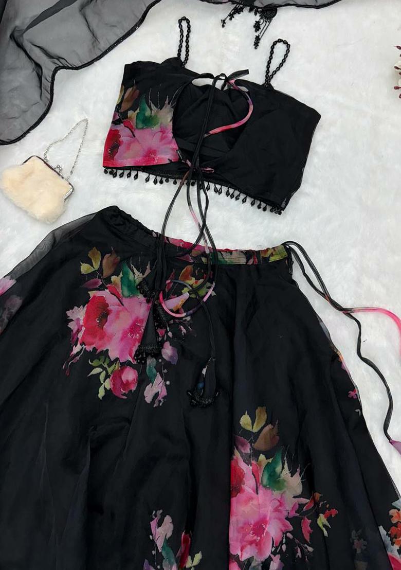 Black Printed Blended Lehenga Set With Dupatta - Indya