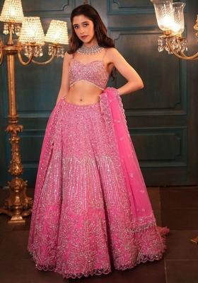 Pink Embroidered Blended Lehenga Set With Dupatta
