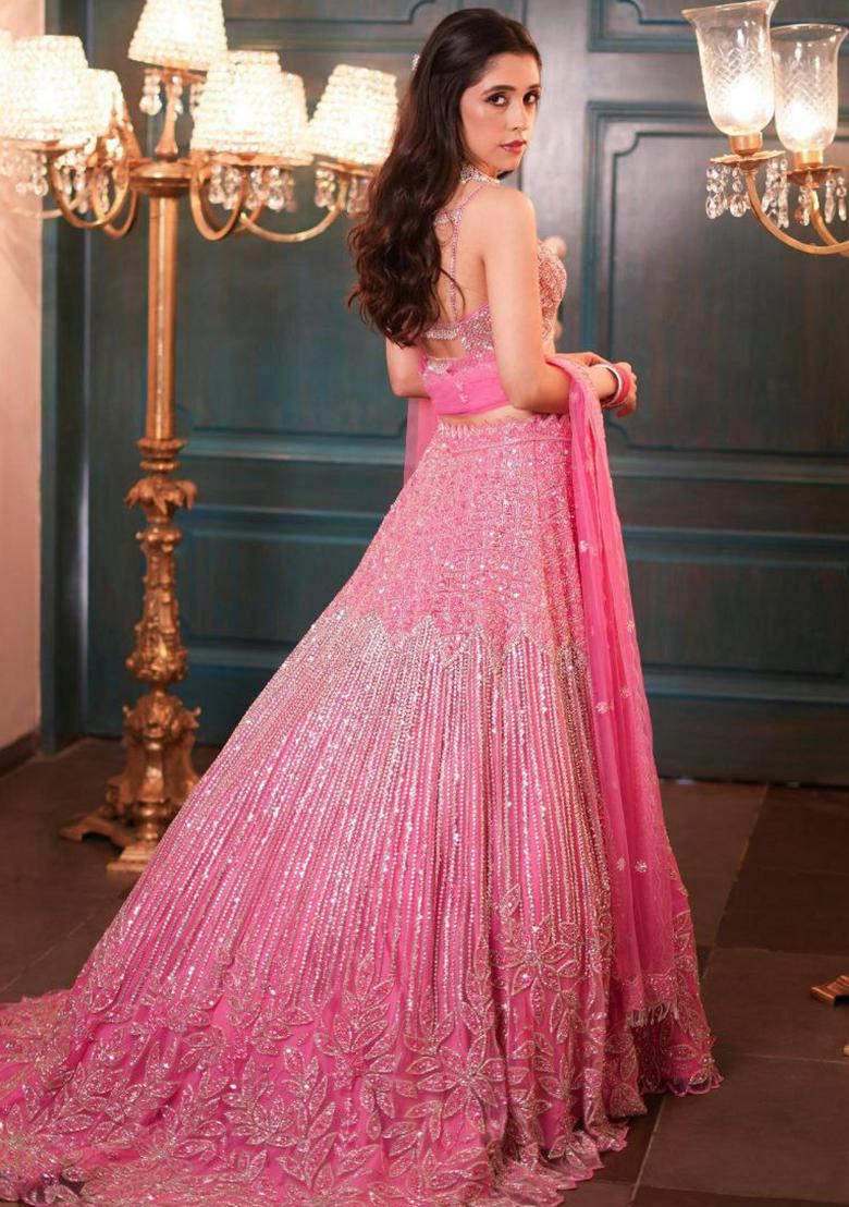 Pink Embroidered Blended Lehenga Set With Dupatta - Indya