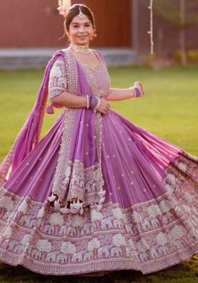 Purple Embroidered Blended Lehenga Set With Dupatta