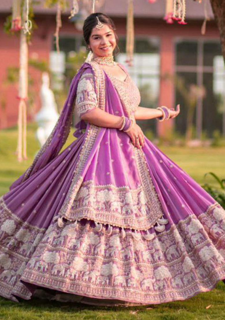 Purple Embroidered Blended Lehenga Set With Dupatta - Indya