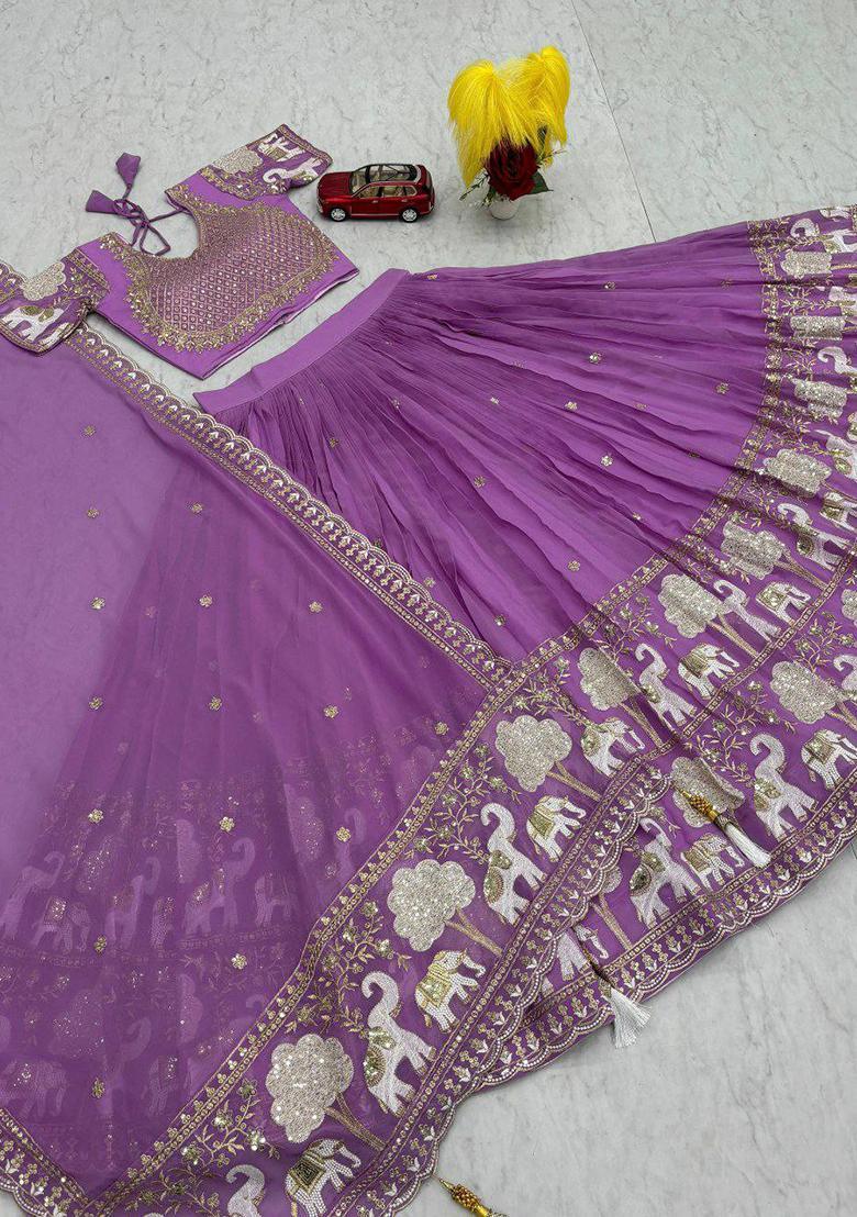 Purple Embroidered Blended Lehenga Set With Dupatta - Indya