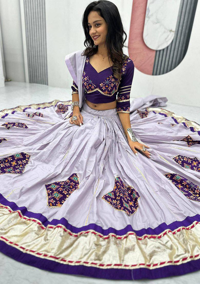 Purple Embroidered Blended Lehenga Set With Dupatta - Indya