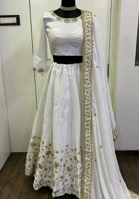 White Embroidered Blended Lehenga Set With Dupatta