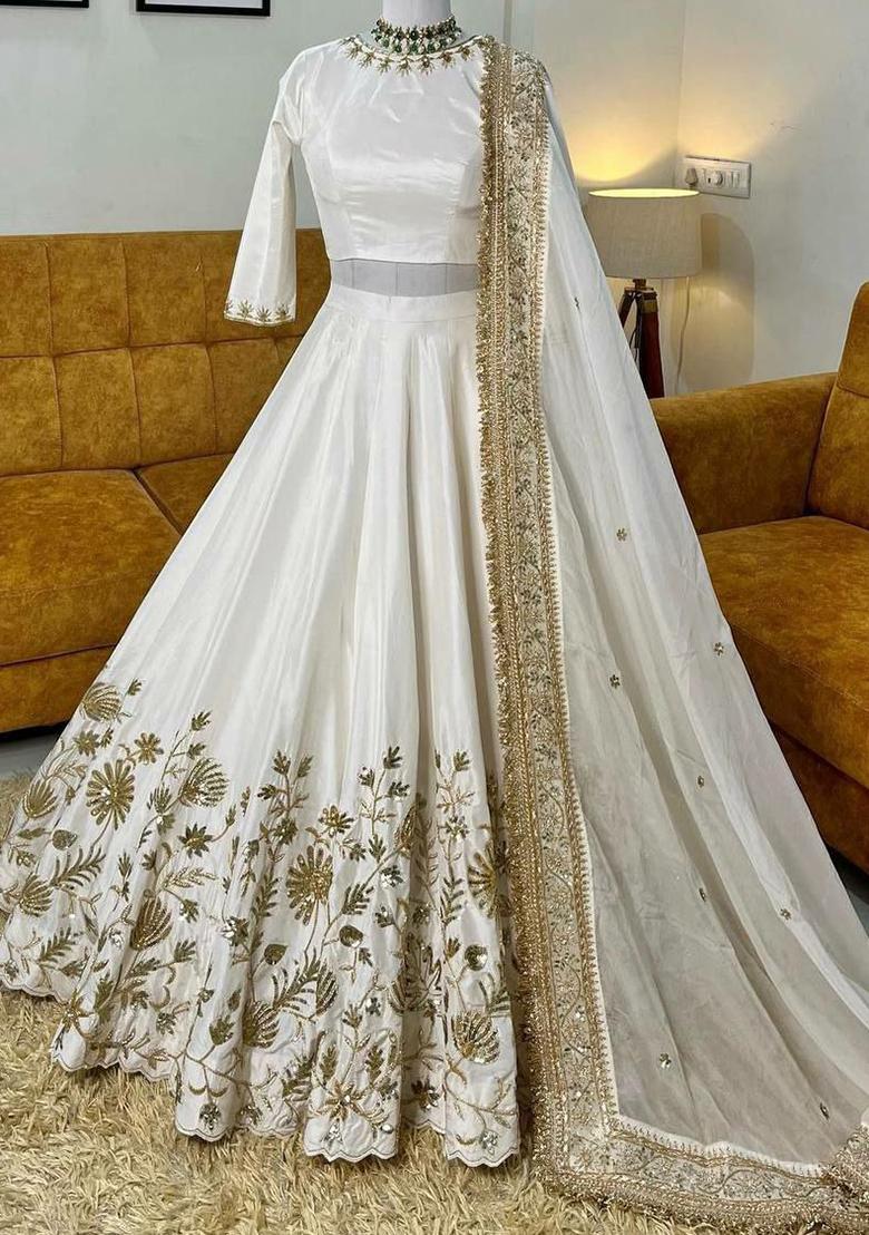 White Embroidered Blended Lehenga Set With Dupatta - Indya