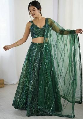Green Embroidered Blended Lehenga Set With Dupatta