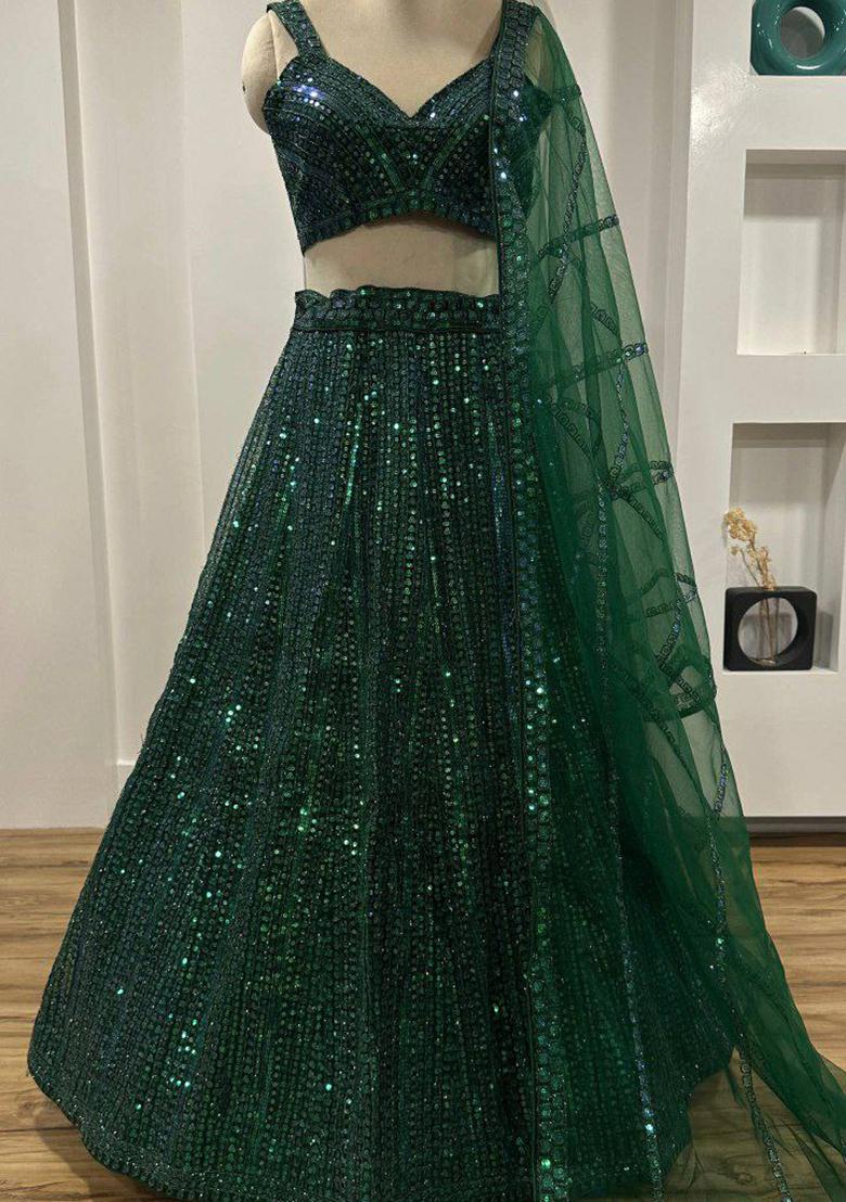 Green Embroidered Blended Lehenga Set With Dupatta - Indya