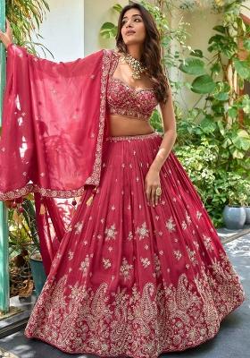 Pink Embroidered Blended Lehenga Set With Dupatta