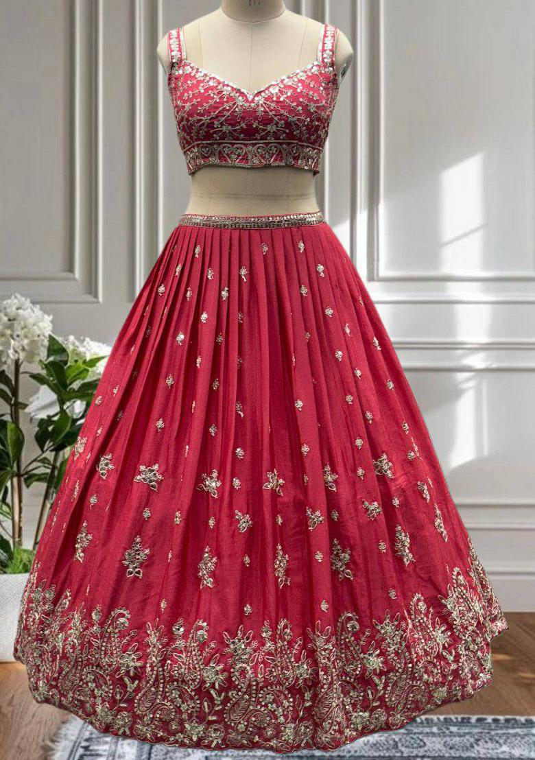 Pink Embroidered Blended Lehenga Set With Dupatta - Indya